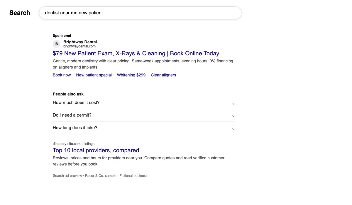 Brightway Dental search ad preview