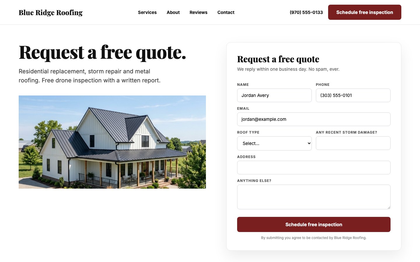 Blue Ridge Roofing Request a free quote form