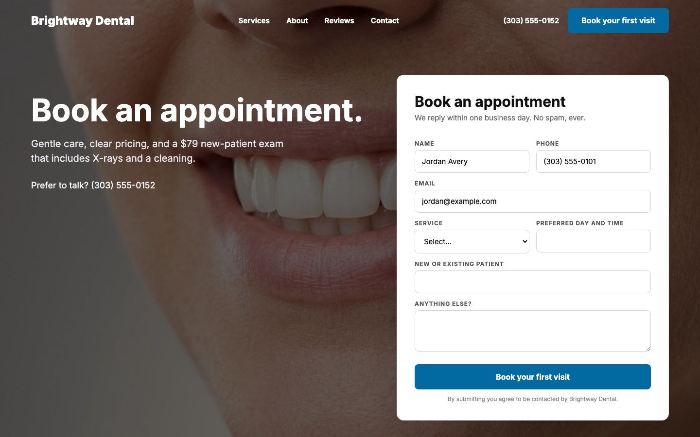 Brightway Dental Book an appointment form