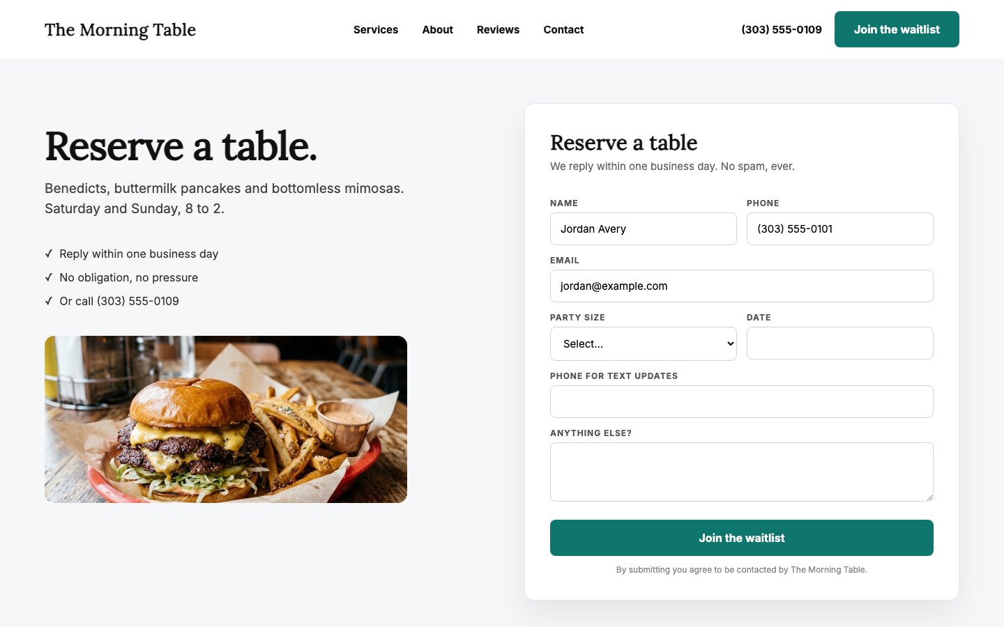 The Morning Table Reserve a table form