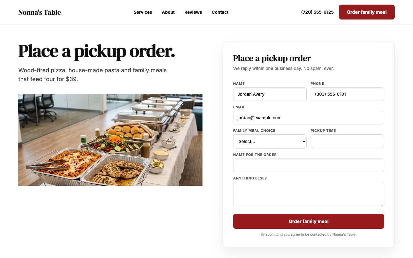 Nonna's Table Place a pickup order form