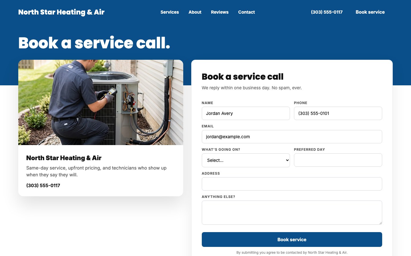North Star Heating & Air Book a service call form