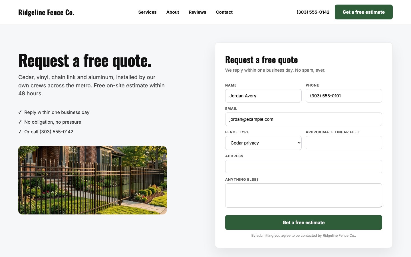 Ridgeline Fence Co. Request a free quote form