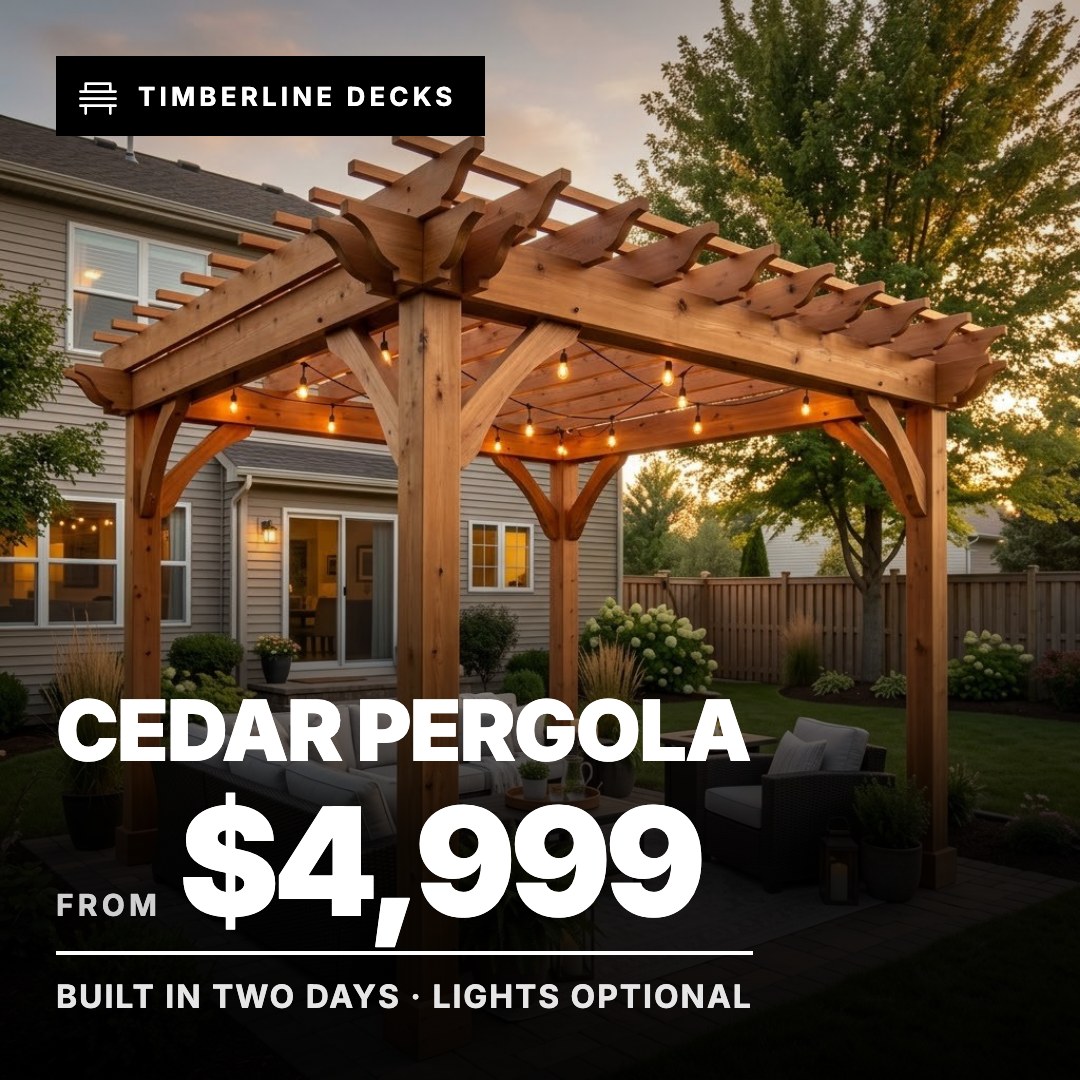 Timberline Decks ad: Cedar Pergola from $4,999