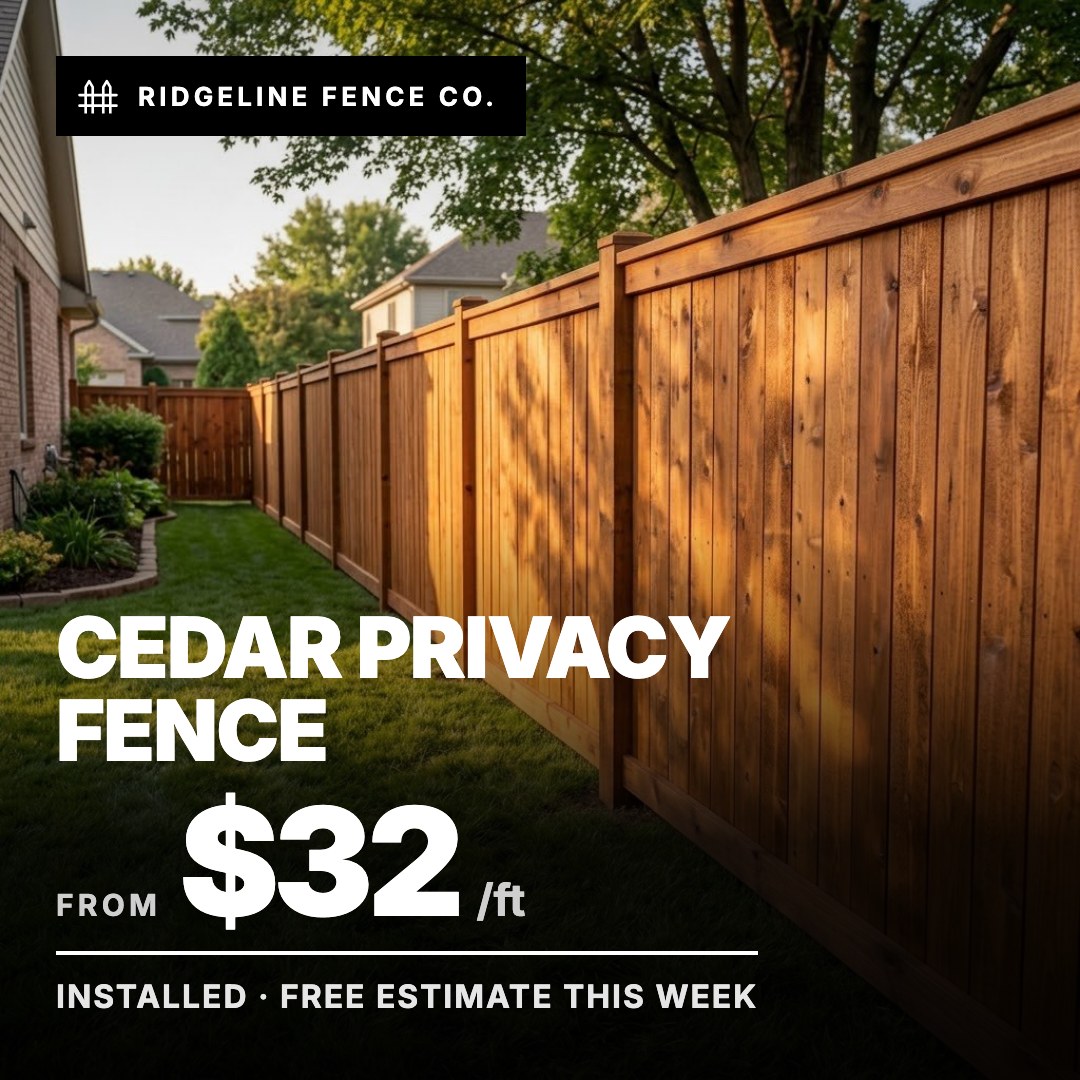 Ridgeline Fence Co. ad: Cedar Privacy Fence from $32/ft