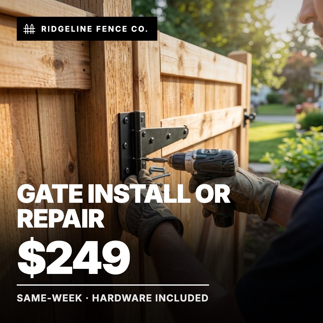 Ridgeline Fence Co. ad: Gate Install or Repair $249